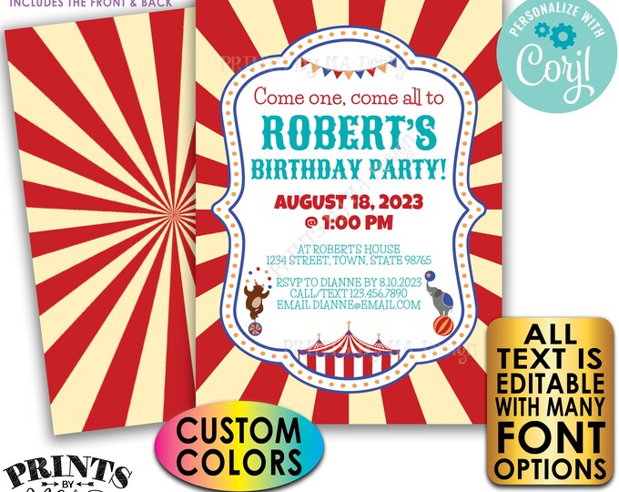 Carnival Birthday Invitation, Circus or Carnival Invite, Custom Text and Colors, PRINTABLE 5x7" Digital Files <Edit Yourself with Corjl>