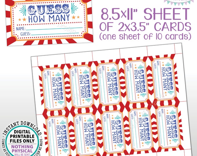 Guess How Many Carnival Theme Cards, Circus Guessing Game, Birthday Party, Festival, Blue Text, PRINTABLE 8.5x11” Sheet of 10 Cards <ID>