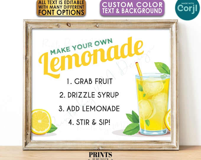 Editable Lemonade Sign, Make Your Own Drink, Choose Your Text & Colors, One Custom PRINTABLE 8x10/16x20” Sign <Edit Yourself w/Corjl>