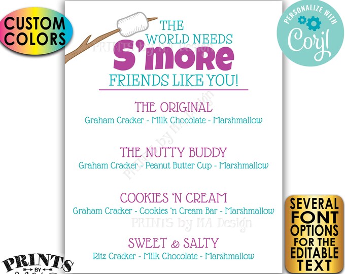 S'mores Sign, The World Needs S'more Friends Like You, Custom PRINTABLE 8x10/16x20” Smore Menu Sign <Edit Yourself with Corjl>