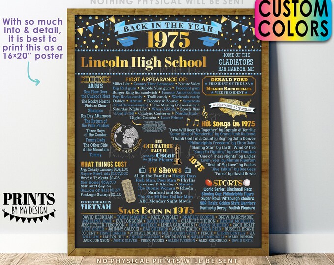 Back in the Year 1975 Poster Board, Class of 1975 Reunion Decoration, Flashback to 1975 Graduating Class, Custom PRINTABLE 16x20” Sign