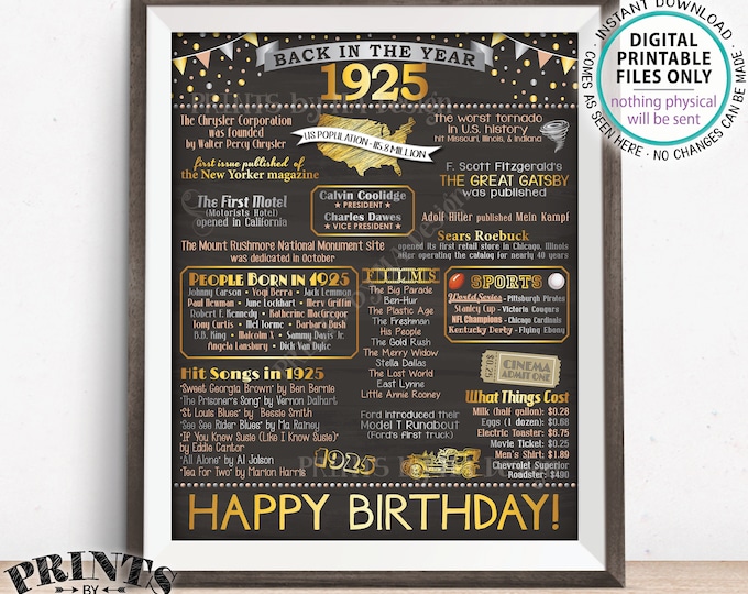 Born in 1925 Flashback Poster, Back in 1925 Birthday Party Decoration, Flashback to 1925 USA History, PRINTABLE 16x20” Sign <ID>