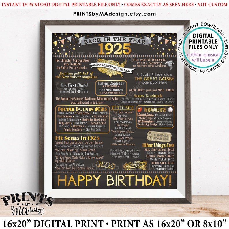 Born in 1925 Flashback Poster Back in 1925 Birthday Party | Etsy