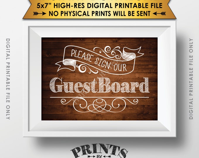 Please Sign Our Guest Board Wedding Sign the Guest Board, Reception Sign, Brown Wood, Instant Download 5x7” Rustic Wood Style Printable Sign