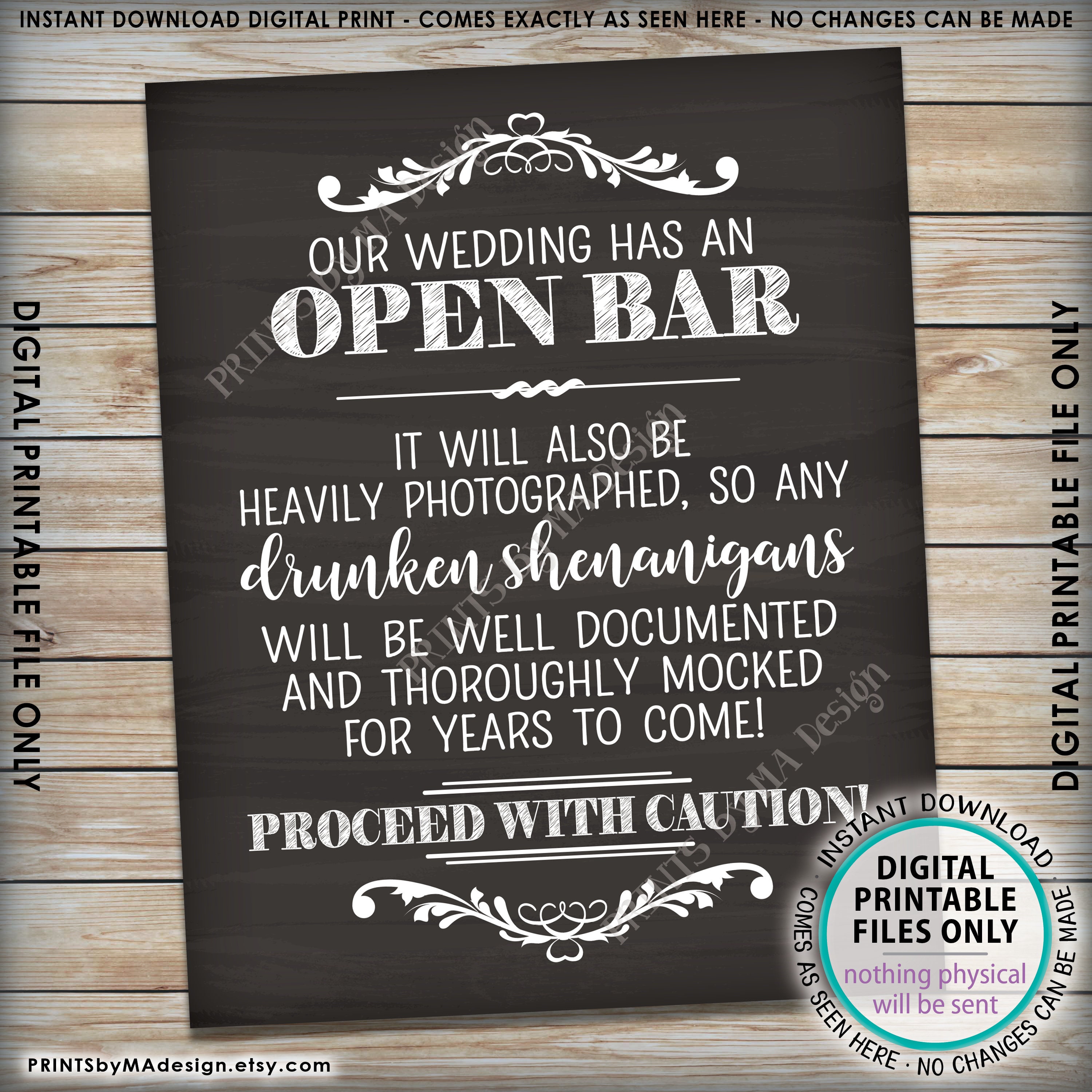 Open Bar Sign, Drunken Shenanigans Sign, Alcohol Wedding Documented Bar ...