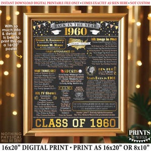 Puede incluir: Un póster imprimible negro y dorado con el texto "Back in the Year 1960" y una lista de eventos, canciones exitosas y estrellas nacidas en 1960. El póster también incluye el texto "Class of 1960".