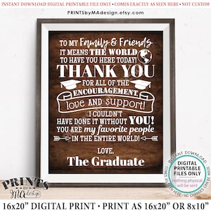 Abschlussfeier-Dankes-Schild, Dank von der Graduierten-Party-Dekoration, DRUCKBARE 8x10/16x20 Zoll rustikales Holz-Stil-Grad-Zeichen <ID>