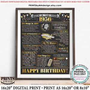 Back in the Year 1956 Birthday Sign, Flashback to 1956 Poster Board, ‘56 B-day Gift, Bday Decoration, PRINTABLE 16x20” Sign &lt;ID&gt;