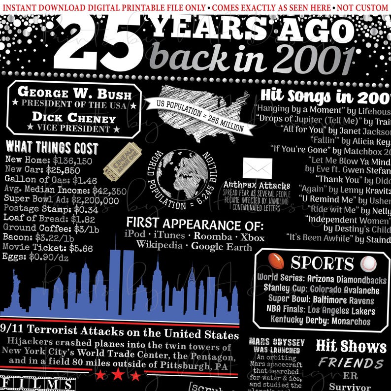 25th Birthday Poster Board, Black & Silver Born in the Year 2001 Flashback 25 years Ago B-day Gift, PRINTABLE 16x20” Back in 2001 Sign <ID> image 5