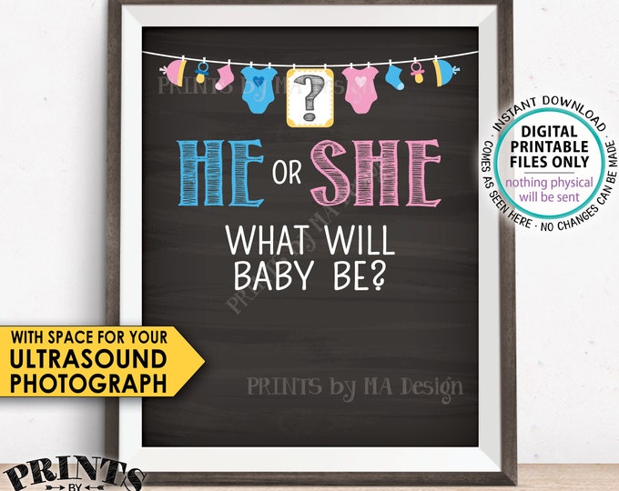 Gender Reveal Sign, He or She What Will Baby Be Gender Reveal Party, Pink or Blue, Boy or Girl, PRINTABLE 8x10" Chalkboard Style Sign <ID>