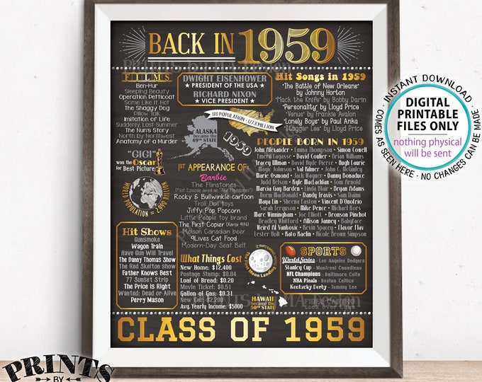 Back in 1959 Poster Board, Class of 1959 Reunion Decoration, Flashback to 1959 Graduating Class, PRINTABLE 16x20” Sign <ID>