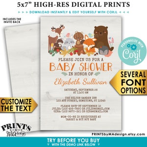 May include: A 5x7 inch printable baby shower invitation with a woodland theme. The invitation features a group of woodland animals, including a fox, a deer, a raccoon, a bear, and a squirrel, gathered around a tree stump. The text on the invitation reads "Please join us for a baby shower in honor of Elizabeth Sullivan".