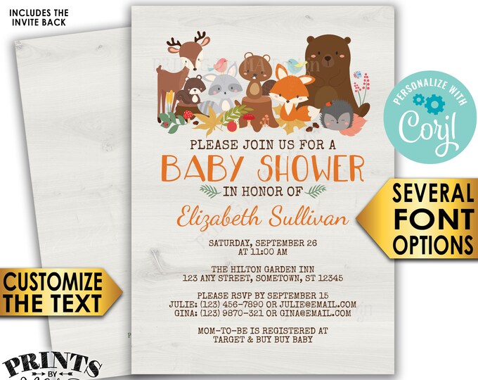 Woodland Animals Baby Shower Invitation, Forest Friends Fox Deer Bear Beaver, Custom PRINTABLE 5x7" Digital File <Edit Yourself with Corjl>