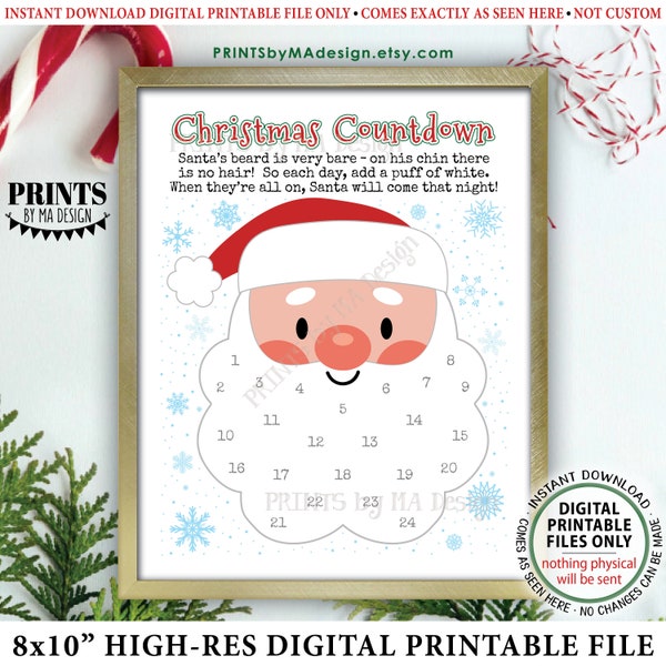 Countdown to Christmas, Glue Cotton Balls on Santa's Beard Countdown Calendar, PRINTABLE 8x10” Xmas Santa Countdown Sign <ID>