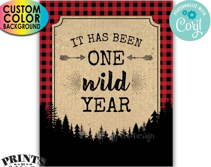 It has been One Wild Year Lumberjack First Birthday Party Decor, PRINTABLE 1st B-day Buffalo Plaid Table Sign <Edit Color Yourself w/Corjl>