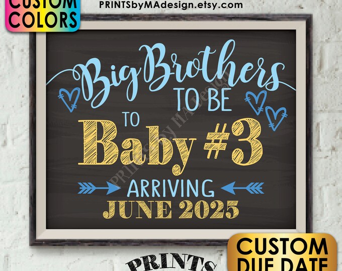 Baby #3 Pregnancy Announcement, Big Brothers to 3rd Baby Number 3 Photo Prop, Custom Chalkboard Style PRINTABLE 8x10/16x20” Baby Reveal Sign