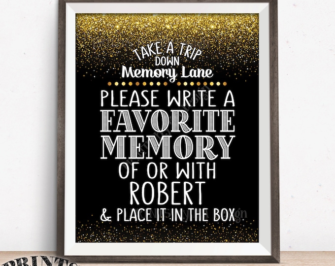 Share a Memory Sign, Take a Trip Down Memory Lane & Share a Memory, Place it in Box, Birthday Party, Retirement, 8x10” PRINTABLE Gold Sign