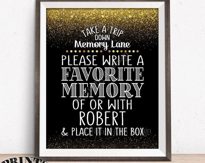 Share a Memory Sign, Take a Trip Down Memory Lane & Share a Memory, Place it in Box, Birthday Party, Retirement, 8x10” PRINTABLE Gold Sign