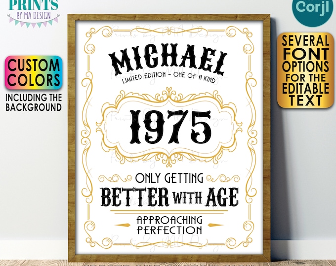 Vintage Birthday Sign, Better with Age Liquor Themed Party, Custom Name Year & Colors, PRINTABLE 8x10/16x20” Sign <Edit Yourself with Corjl>