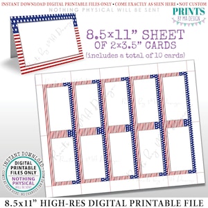 Op de afbeelding: Een digitaal afdrukbaar bestand met een vel van 2x3,5 inch kaarten met een Amerikaans vlagontwerp. Het vel meet 21,6 x 27,9 cm en bevat 10 kaarten. Het ontwerp bevat de tekst "Prints by MA Design".