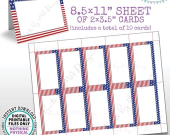 American Flag Place Cards, Patriotic, Fourth of July Mini Menu Table Tent, Stars, 10 Blank 2x3.5" cards on a PRINTABLE 8.5x11” Sheet <ID>