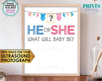Gender Reveal Sign, He or She What Will Baby Be? Gender Reveal Party, Pink or Blue, Boy or Girl, PRINTABLE 8x10" Sign, White <ID>