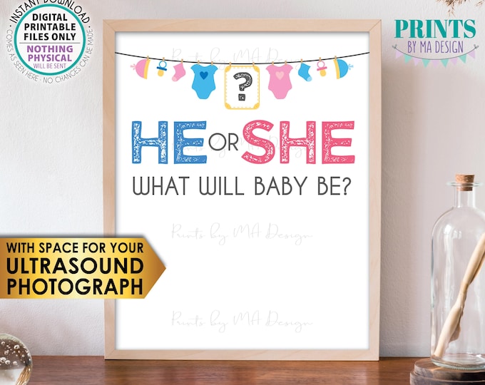 Gender Reveal Sign, He or She What Will Baby Be? Gender Reveal Party, Pink or Blue, Boy or Girl, PRINTABLE 8x10" Sign, White <ID>