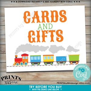 Puede incluir: Un cartel imprimible con un tema de tren para un baby shower o una fiesta de cumplea&ntilde;os. El cartel dice "Tarjetas y Regalos" en texto naranja y verde. Hay un tren de dibujos animados con vagones coloridos y nubes grises.