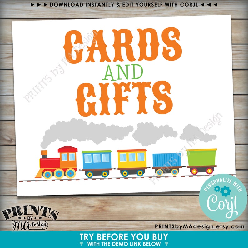Puede incluir: Un cartel imprimible con un tema de tren para un baby shower o una fiesta de cumplea&ntilde;os. El cartel dice "Tarjetas y Regalos" en texto naranja y verde. Hay un tren de dibujos animados con vagones coloridos y nubes grises.