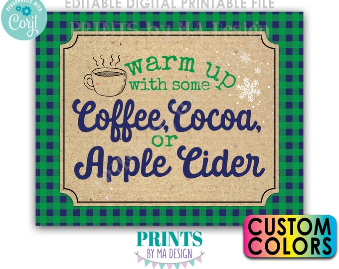 Lumberjack Hot Beverage Station Sign, Coffee Cocoa Apple Cider, PRINTABLE Buffalo Plaid Style Editable Design <Edit Color Yourself w/Corjl>