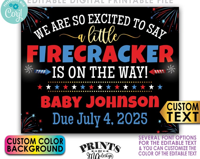 4th of July Pregnancy Announcement, Little Firecracker is on the Way, Custom PRINTABLE 8x10/16x20” Baby Reveal Sign <Edit Yourself w/Corjl>