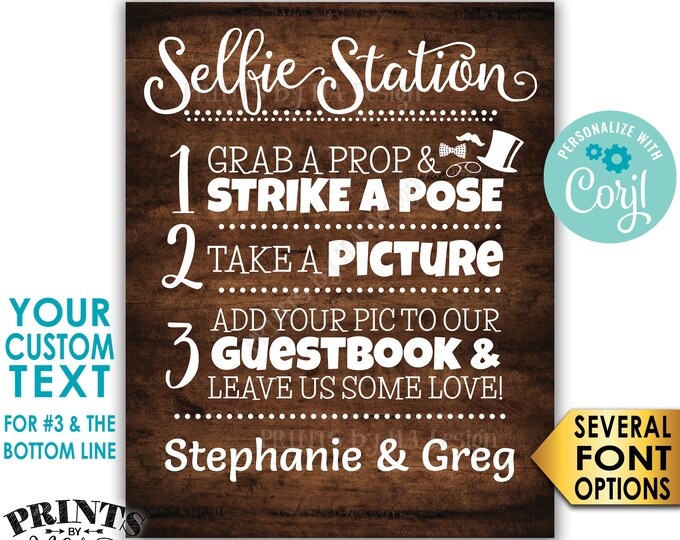 Selfie Station Sign, Custom Step Number 3 and Bottom Line of Text, PRINTABLE 8x10/16x20” Rustic Wood Style Sign <Edit Yourself with Corjl>