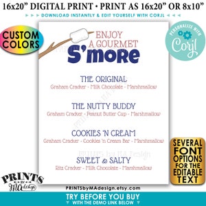 S'more Menü, genießen Sie ein Gourmet S'more Zeichen, individuell DRUCKBARE 8x10/16x20 Zoll Smores Menü Zeichen <Bearbeiten Sie sich mit Corjl>