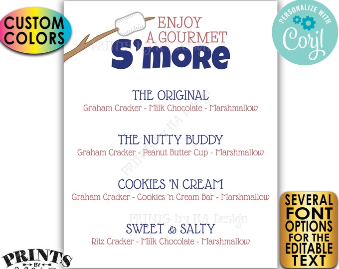 S'more Menu, Enjoy a Gourmet S'more Sign, Custom PRINTABLE 8x10/16x20” Smores Menu Sign <Edit Yourself with Corjl>