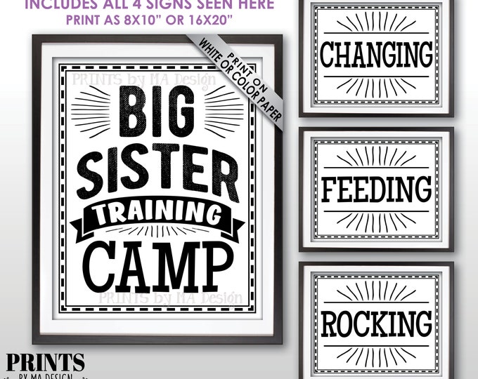 Big Sister Training Camp Photo Prop Signs, Expecting Baby #2 Announcement, We're Pregnant, Four PRINTABLE 8x10/16x20” Signs <ID>