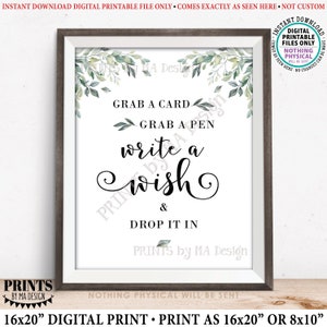 Write a Wish, Grab a Card Grab a Pen Drop it In, Birthday Wishes, Baby Shower, Watercolor Leaves Greenery, PRINTABLE 8x10/16x20” Sign <ID>