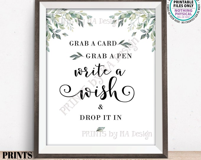 Write a Wish, Grab a Card Grab a Pen Drop it In, Birthday Wishes, Baby Shower, Watercolor Leaves Greenery, PRINTABLE 8x10/16x20” Sign <ID>