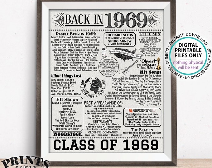 Back in 1969 Sign, Class of 1969 Reunion Poster Board, Flashback to 1969 Graduating Class, PRINTABLE 16x20” Textured Paper Style Sign <ID>