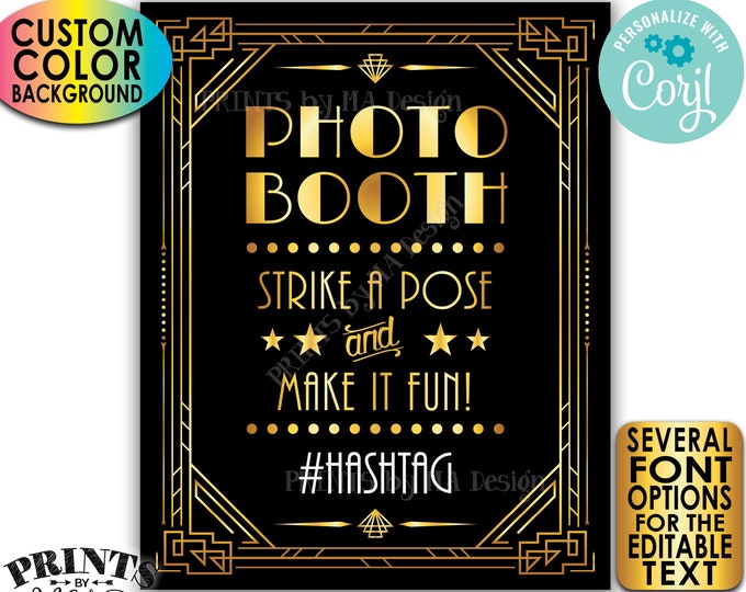 Gold Photo Booth Sign, Hashtag, Roaring 20s Great Gatsby Party Photobooth, PRINTABLE 8x10/16x20” Art Deco Sign <Edit Yourself w/Corjl>