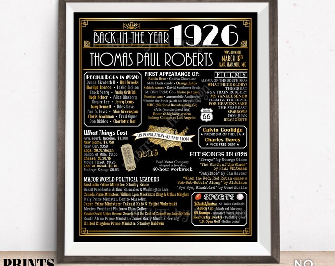 Back in the Year 1926 Sign, Art Deco themed Flashback to 1926 Poster Board, 1926 Birthday Gift, Custom PRINTABLE 16x20” B-day Decoration