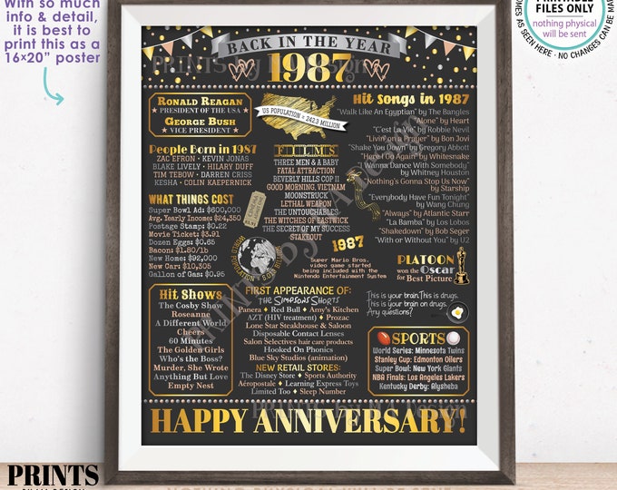 Back in the Year 1987 Anniversary Sign, Flashback to 1987 Anniversary Decor, Anniversary Gift, PRINTABLE 16x20” Poster Board <ID>