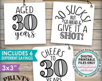 30th Birthday Party Signs, Alcohol Themed 30th B-day, Aged to Perfection Take a Shot, PRINTABLE Square 3x3" tags on 8.5x11" Instant Download