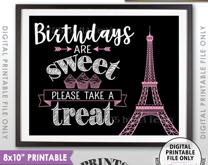 Birthdays are Sweet Please Take a Treat, Cupcakes, Eiffel Tower Birthday, Black Pink & White PRINTABLE 8x10” Paris Theme Cupcake Sign <ID>