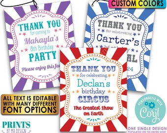 Circus or Carnival Theme Birthday Tags, Bday Party Favors Treat Goodie Bags, PRINTABLE 8.5x11" Sheet of 4x5" Cards <Edit Yourself w/Corjl>