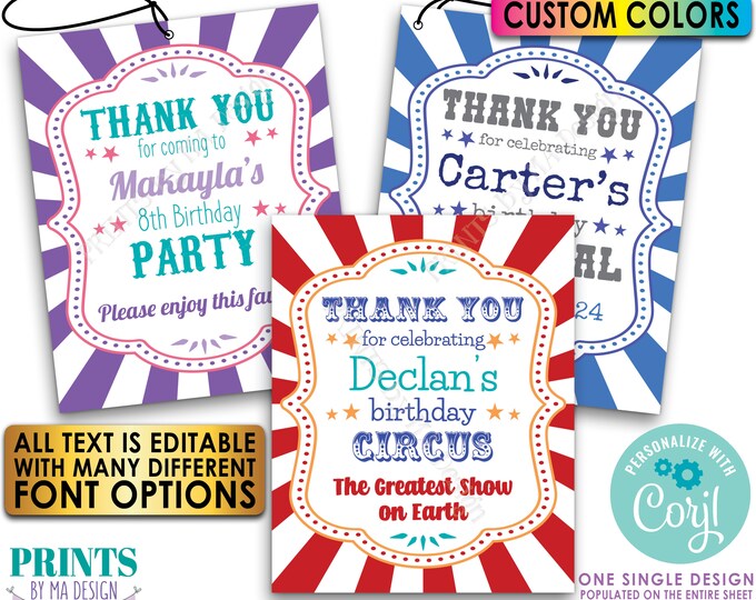 Circus or Carnival Theme Birthday Tags, Bday Party Favors Treat Goodie Bags, PRINTABLE 8.5x11" Sheet of 4x5" Cards <Edit Yourself w/Corjl>