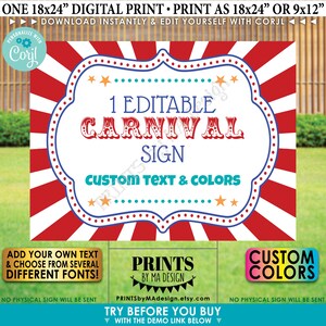 May include: A red and white striped background with a white sign that says "1 Editable Carnival Sign" in red and blue letters. The sign also says "Custom Text & Colors" in blue letters. The sign is surrounded by white stars and red dots. The text "PRINTS BY MA DESIGN" is in black letters on a white background. The text "CUSTOM COLORS" is in pink, blue, and green letters on a white background. The text "TRY BEFORE YOU BUY WITH THE DEMO LINK BELOW" is in black letters on a white background.