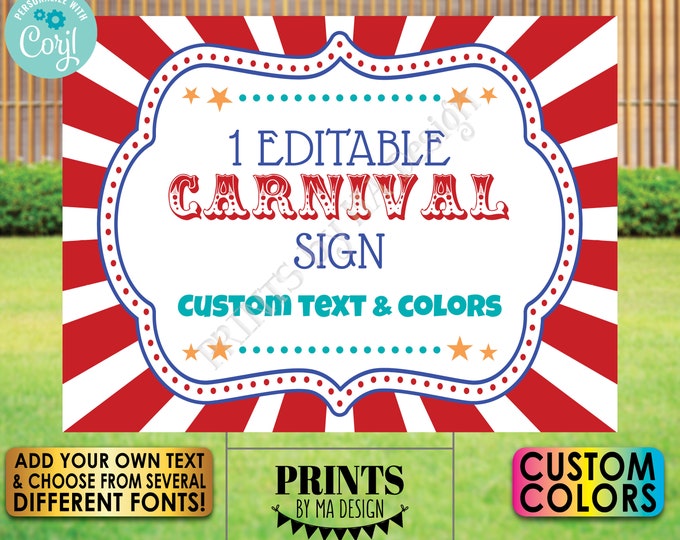 Editable Carnival Sign, Circus Theme Birthday Party  Poster, ONE Custom PRINTABLE 18x24” Landscape Decoration <Edit Yourself w/Corjl>