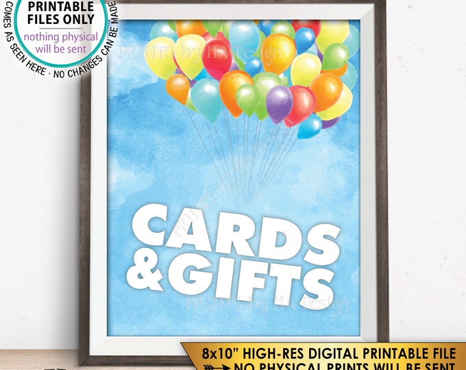 Cards and Gifts Sign, Balloon Cards & Gifts Sign, Baby Shower Gift Table Sign Balloons Up Sky Rainbow, PRINTABLE 8x10” Watercolor Style Sign