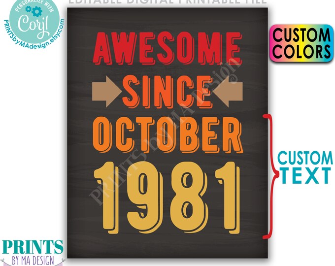 Awesome Since Birthday Sign, Vintage Custom Month/Year/Colors, PRINTABLE 8x10/16x20” Chalkboard Style Sign <Edit Yourself with Corjl>