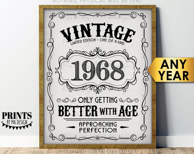 Vintage Birthday Sign, Custom Year, Better with Age, Liquor Themed Bday Party, PRINTABLE 8x10/16x20" Digital File with a Textured Paper Look